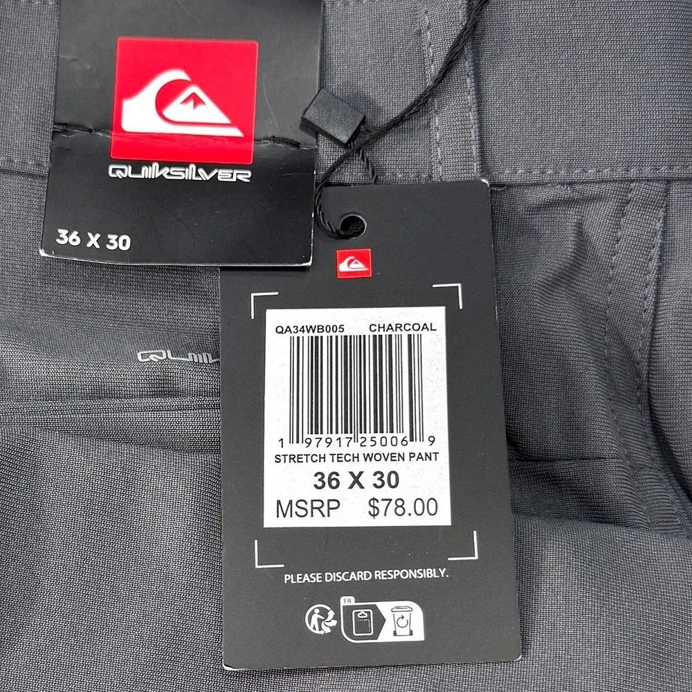 Quiksilver Stretch Tech Woven Slim Fit Pants - NWT Mens 36 x 30 Grey #49237-H10‎